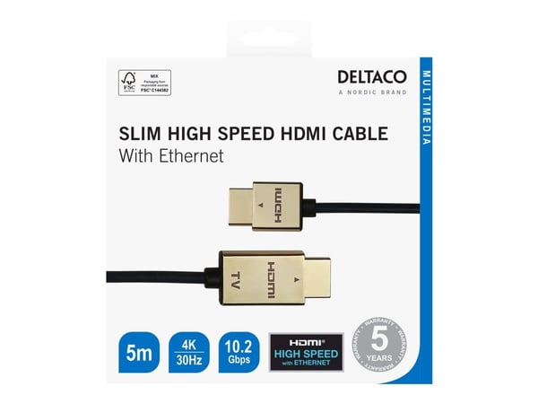 Deltaco Erittäin ohut nopea HDMI-kaapeli Ethernetillä, 5 m, musta/kulta, 5 m, HDMI-tyyppi A (vakio), HDMI-tyyppi A (vakio), 3840 x 2160 pikseliä, 1...