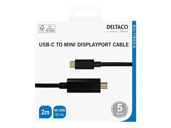 DELTACO - Adapterkabel - 24 pin USB-C (hann) til Mini DisplayPort (hann) - DisplayPort 1.2 - 2 m - aktiv, støtte for 4K 60 Hz (3840 x 2160), støtte...