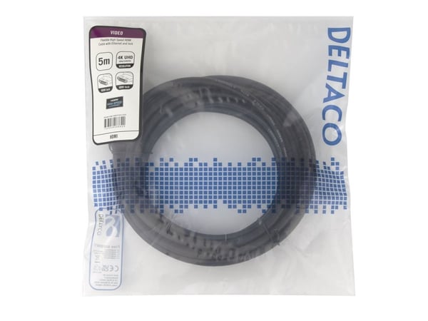 DELTACO - High Speed - HDMI-kabel med Ethernet - HDMI hann lås til HDMI hann lås - 5 m - svart - 4 K 30 Hz (3840 x 2160) støtte, fleksibel