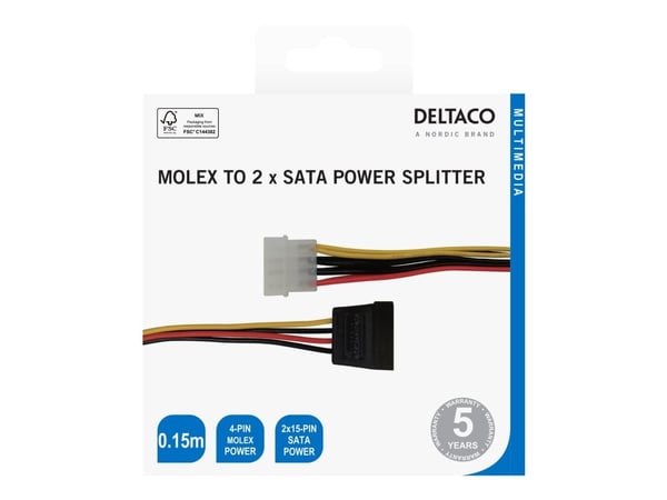 DELTACO - Strömadapter - SATA-ström (hona) till 4 pin intern effekt (hane) - 15 cm