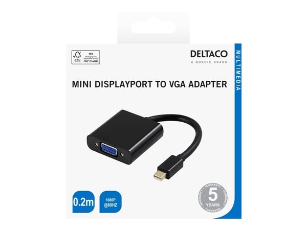 DELTACO - Videokort - Mini DisplayPort (hane) till 15 pin VGA (hona) - 20 cm - aktiv, stöd för 1920 x 1080 vid 60 Hz - svart