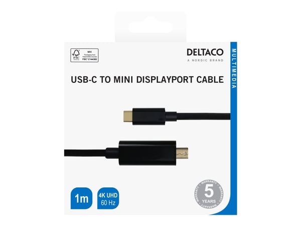 DELTACO - Adapterkabel - USB-C (hann) til Mini DisplayPort (hann) - DisplayPort 1.2 - 1 m - aktiv, støtte for 4K 60 Hz (3840 x 2160), støtte for 10...