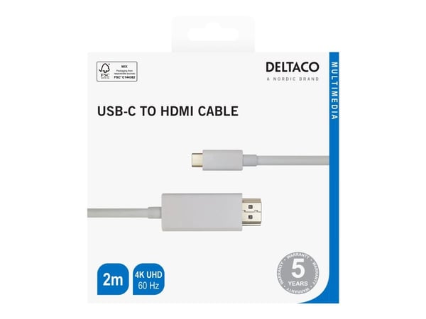 DELTACO - Adapterkabel - USB-C hann til HDMI hann - 2 m - hvit - støtte for 4K 60 Hz (3840 x 2160)