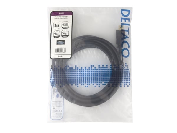 DELTACO - High Speed - HDMI-kabel med Ethernet - HDMI hann lås til HDMI hann lås - 3 m - svart - støtte for 4K 60 Hz (3840 x 2160)