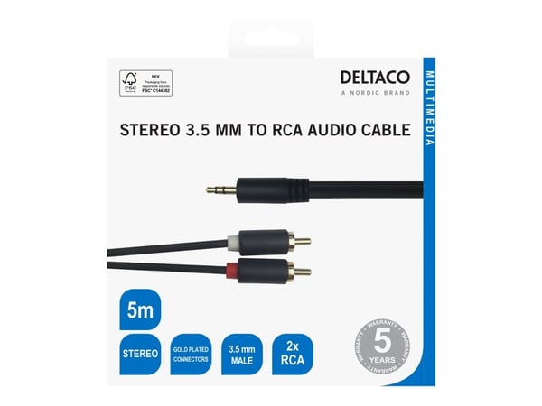 DELTACO - Lydkabel - 3,5 mm telefonjakk hann til RCA x 2 hann - 5 m - svart