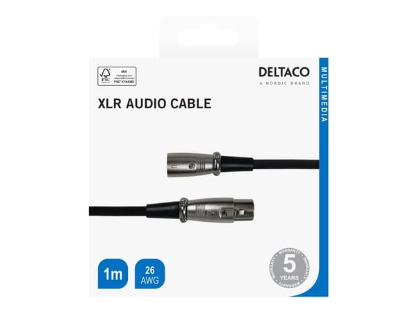 Deltaco XLR-äänikaapeli, 3-nastainen, 26 AWG, 1 m, musta, XLR, Uros, XLR, Naaras, 1 m, Musta