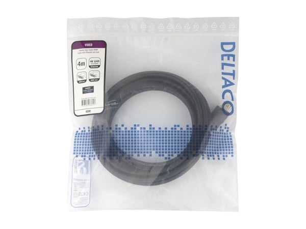 DELTACO - High Speed - HDMI-kabel med Ethernet - HDMI hann lås til HDMI hann lås - 4 m - svart - støtte for 4K 60 Hz (3840 x 2160), fleksibel