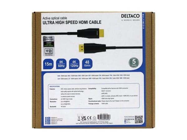 ULTRA høyhastighets DELTACO HDMI-kabel, 48Gbps, 15m, svart, AOC / HU-AOC15