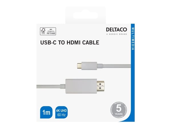 DELTACO - Adapterkabel - USB-C hann til HDMI hann - 1 m - hvit - støtte for 4K 60 Hz (3840 x 2160)