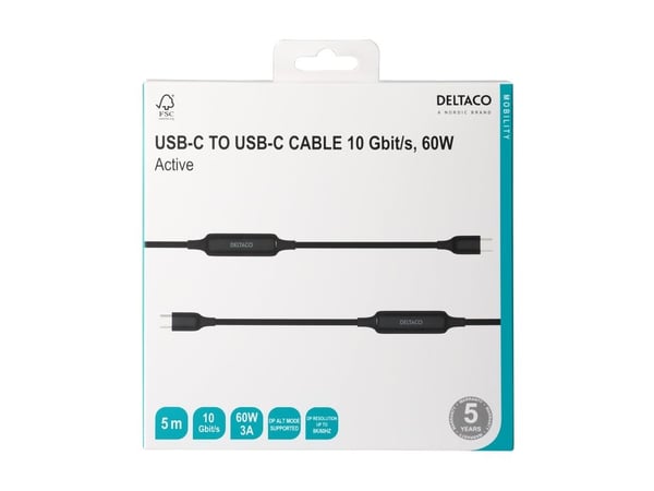 Kabel DELTACO USB-C C-C, aktiv, 10 Gbps, 3A, 5m / 1902003