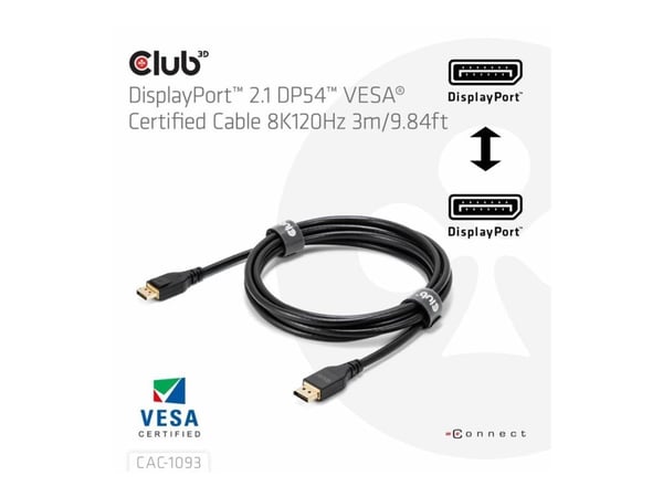 Club 3D - DisplayPort-kabel - DisplayPort (hann) til DisplayPort (hann) - DisplayPort 2.1 - 3 m - 8 K 120 Hz (7680 x 4320) støtte, VESA DP54 Certif...