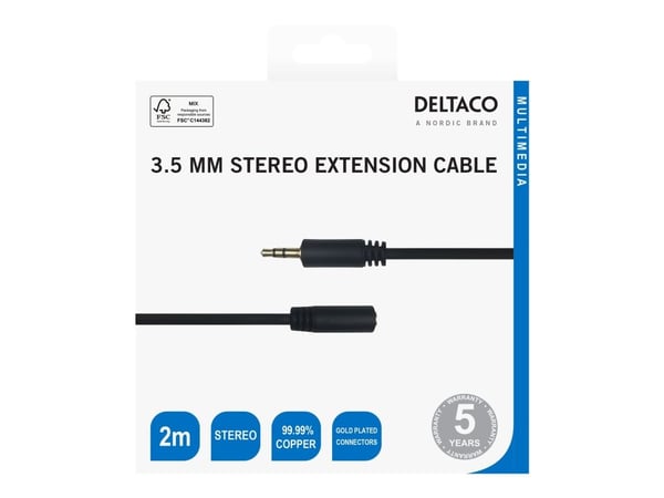 DELTACO - Lydforlengelseskabel - 3,5 mm telefonjakk hunn til 3,5 mm telefonjakk hann - 2 m - svart