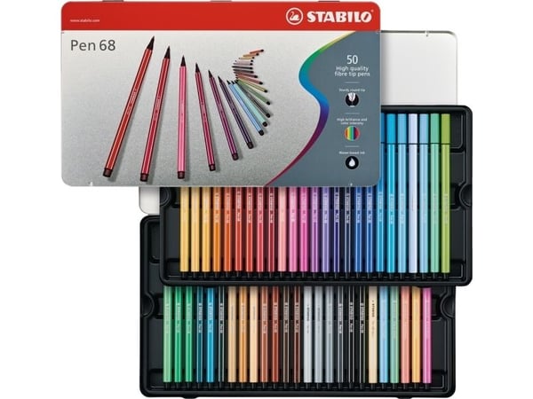Stabilo Pen 68 Arty med 50 stk. assorterte farger i metallboks