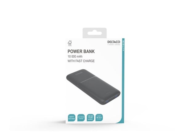 DELTACO - Power bank - 10000 mAh - 37 Wh - 20 Watt - 3 A - PD - 3 utdatakontakter (2 x USB, USB-C)