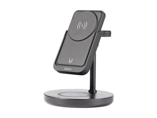 DELTACO - Power bank - 3-i-1, magnetisk - 5000 mAh - 19.25 Wh - 18 Watt - 3 utdatakontakter (kontakt för headset, USB-C, trådlös laddning) - svart