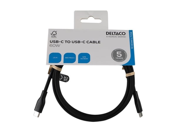 DELTACO - USB-kaapeli - 24-nastainen USB-C (han) til 24-nastainen USB-C (han) - USB 2.0 - 3 A - 1,5 m - SPR - lajittelu