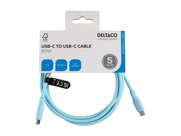 USB-C - C USB2.0 SPR-kaapeli, silikonia, 1,5m, turkoosi
