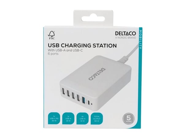 Multi 6 USB-lader DELTACO, 4x USB-A, 1x USB-A 18W, 1x USB-C PD 30W / USBC-MO100 / 1902112