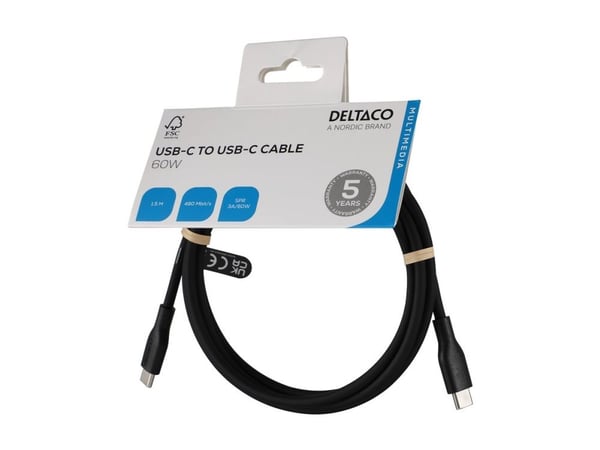 DELTACO - USB-kaapeli - 24-nastainen USB-C (han) til 24-nastainen USB-C (han) - USB 2.0 - 3 A - 1,5 m - SPR - lajittelu