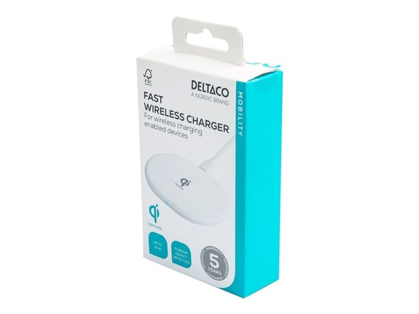 DELTACO - Trådløst ladestativ - USB-C, QI sertifisert - 10 watt - Fast Charge - hvit