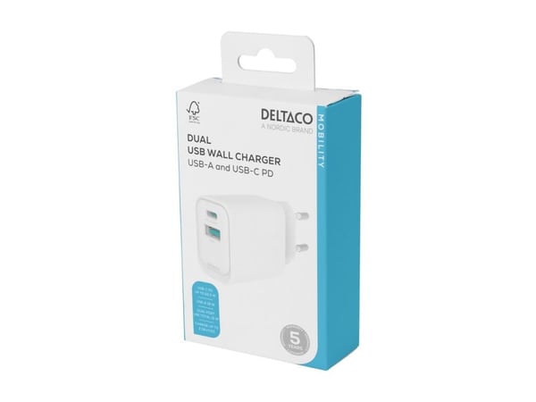 USB-seinälaturi DELTACO, 1x USB-A 18 W, 1x USB-C PD 20 W, valkoinen/ USBC-AC154 / 1903153