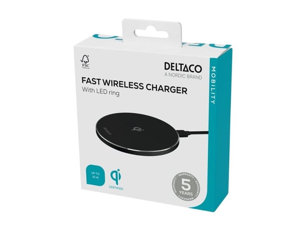 DELTACO - Trådløst ladestativ - LED-ring - 15 watt - 2 A - Fast Charge, PD 3.0 - svart