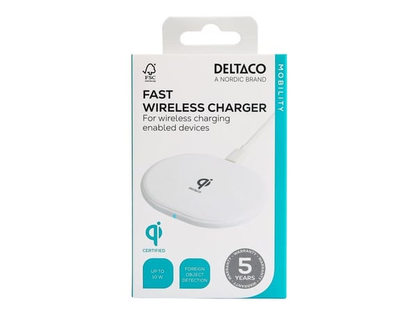 DELTACO - Trådløst ladestativ - USB-C, QI sertifisert - 10 watt - Fast Charge - hvit