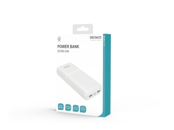 DELTACO Powerbank 20000mAh USB-C/2x USB valkoinen