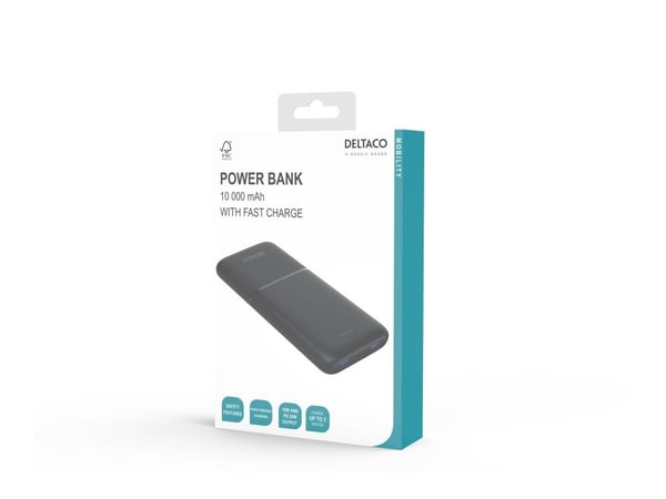 DELTACO - Power bank - 10000 mAh - 37 Wh - 20 Watt - 3 A - PD - 3 utdatakontakter (2 x USB, USB-C)