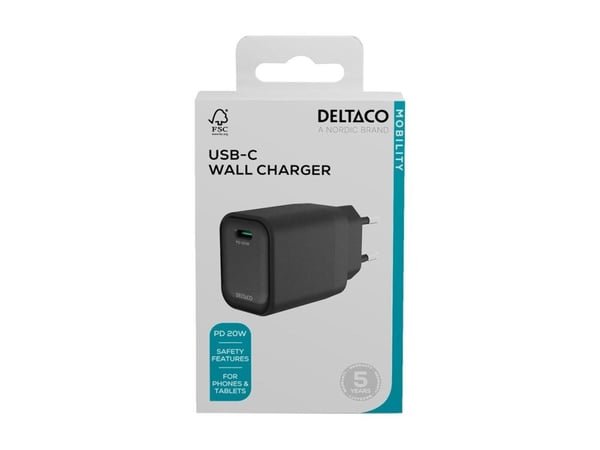 USB-C vegglader DELTACO, 1x USB-C PD, 20 W, svart / USBC-AC151 / 1903150
