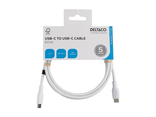 DELTACO - USB-kabel - 24 pin USB-C (hann) til 24 pin USB-C (hann) - USB 2.0 - 3 A - 1.5 m - SPR - hvit