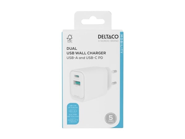 USB-seinälaturi DELTACO, 1x USB-A 18 W, 1x USB-C PD 20 W, valkoinen/ USBC-AC154 / 1903153