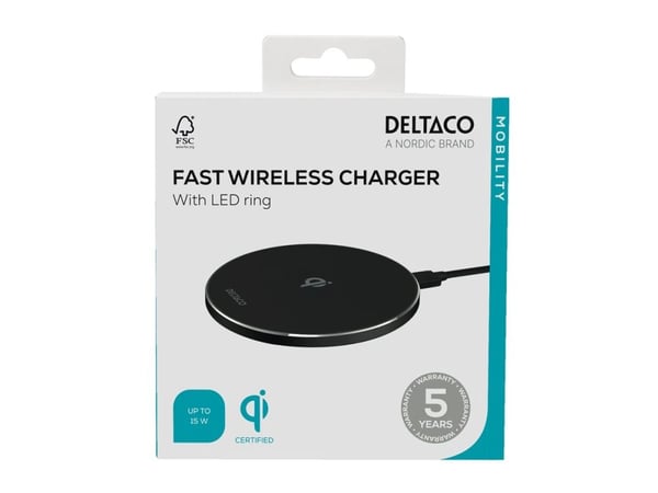 DELTACO - Trådløst ladestativ - LED-ring - 15 watt - 2 A - Fast Charge, PD 3.0 - svart
