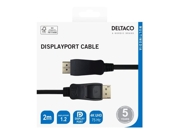 DELTACO - DisplayPort-kabel - DisplayPort (hann) låsing til DisplayPort (hann) låsing - DisplayPort 1.2 - 2 m - opptil 21,6 Gbps datahastighet, stø...