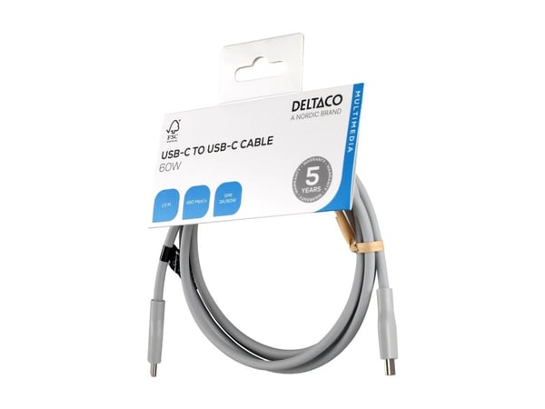 DELTACO Multimedia - USB-kaapeli - 24-nastainen USB-C (uros) - 24-nastainen USB-C (uros) - USB 2.0 - 3 A - 1,5 m - Pikalataus 60 W:iin asti - harma...