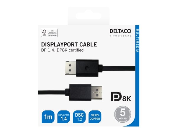 DELTACO - DisplayPort-kabel - DisplayPort (hann) til DisplayPort (hann) - DisplayPort 1.4 - 1 m - 8 K 60 Hz (7680 x 4320) støtte, opptil 32,4 Gbps-...