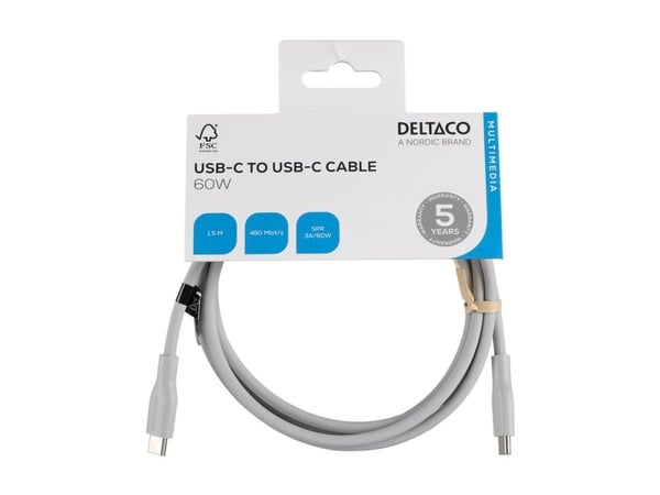 DELTACO Multimedia - USB-kabel - 24 pin USB-C (hann) til 24 pin USB-C (hann) - USB 2.0 - 3 A - 1.5 m - Hurtiglading opptil 60W - grå