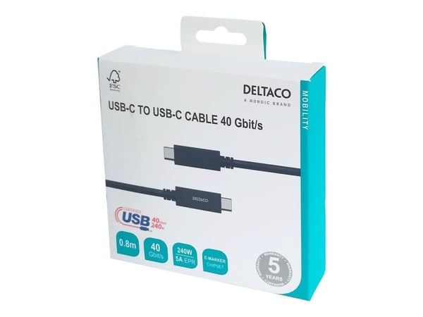 DELTACO - USB-kabel - 24 pin USB-C (hann) til 24 pin USB-C (hann) - USB4 Gen 3 - 5 A - 80 cm - utvidet effektområde (EPR) - svart