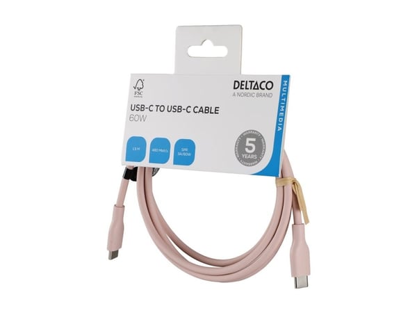 USB-C - C USB2.0 SPR-kaapeli, silikonia, 1,5m, vaaleanpunainen