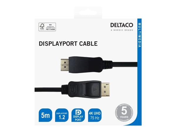 Deltaco Sertifioitu DisplayPort 1.2 -kaapeli, 5 m, musta, 5 m, DisplayPort, DisplayPort, Uros, Uros, 3840 x 2160 pikseliä