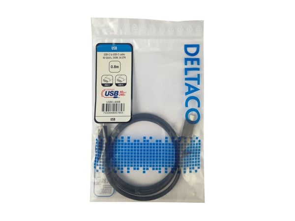 DELTACO - USB-kabel - 24 pin USB-C (hann) til 24 pin USB-C (hann) - USB4 Gen 3 - 5 A - 80 cm - utvidet effektområde (EPR) - svart