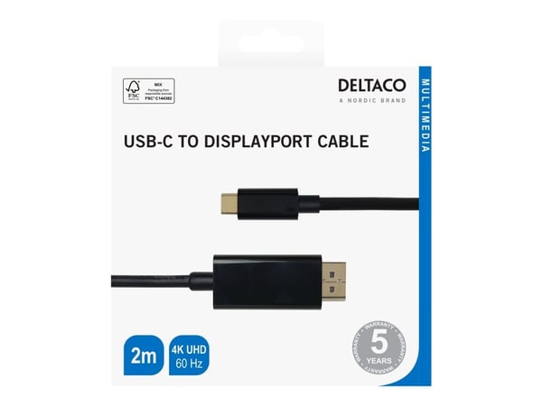 DELTACO - Adapterkabel - USB-C (hane) till DisplayPort (hane) - DisplayPort 1.2 - 2 m - aktiv, 1080p stöd 240 Hz, 4K60Hz UHD-stöd - svart
