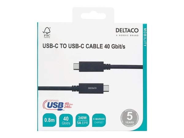 DELTACO - USB-kabel - 24 pin USB-C (hann) til 24 pin USB-C (hann) - USB4 Gen 3 - 5 A - 80 cm - utvidet effektområde (EPR) - svart