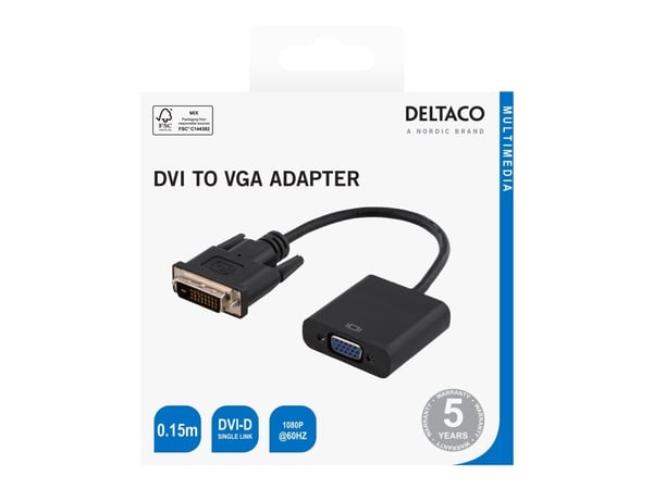 DELTACO - Videokort - DVI-D (hane) till 15 pin VGA (hona) - 15 cm - aktiv, stöd för 1920 x 1200 vid 60 Hz - svart