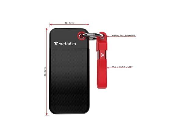 Verbatim Pocket SSD, 2 TB, M.2, USB Type-C, 3.2 Gen 2 (3.1 Gen 2), 10 Gbit/s, musta, punainen