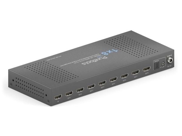 PureTools PT-SP-HD18-48G, HDMI, 8x HDMI, 3,5 mm, 7680 x 4320 piksler, Sort, Stål