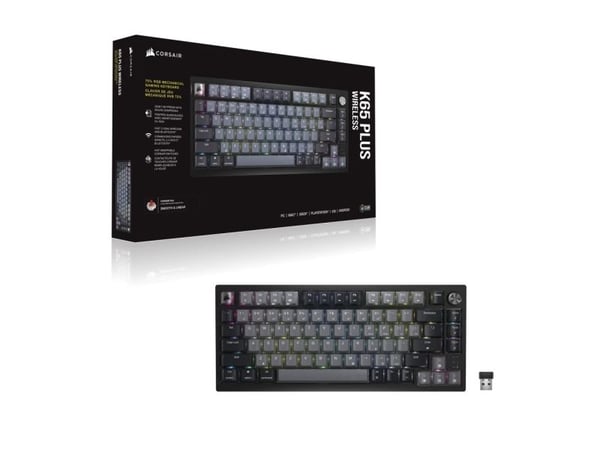 Corsair K65 PLUS WIRELESS 75 % RGB, 75%, Trådløs, USB + trådløs (RF), Mekanisk nøkkelbryter, QWERTY, Svart
