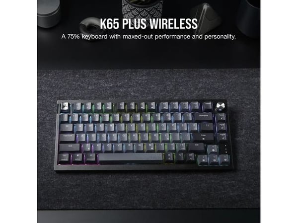 Corsair K65 PLUS WIRELESS 75 % RGB, 75%, Trådløs, USB + trådløs (RF), Mekanisk nøkkelbryter, QWERTY, Svart