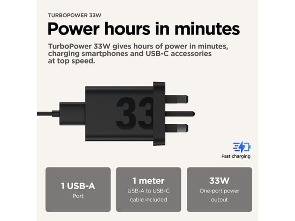 Motorola Turbopower - Strømadapter - 33 watt - 3 A - Fast Charge (USB) - på kabel: USB-A - matt svart - Europa