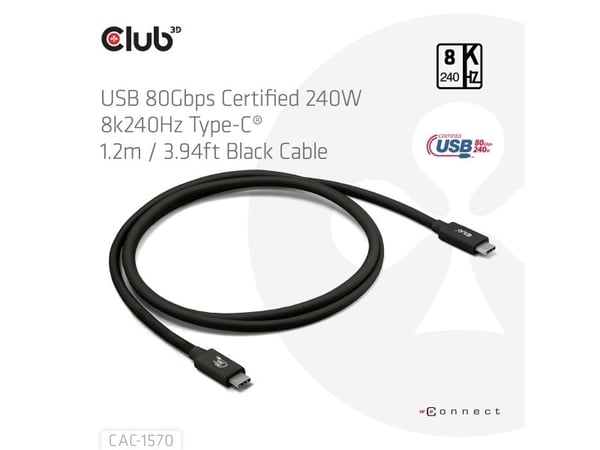 Club 3D - USB-kabel - 24 pin USB-C (hann) til 24 pin USB-C (hann) - USB4 - 48 V - 5 A - 1.2 m - toretnings, opp til 240 W strømforsyningsstøtte, ut...